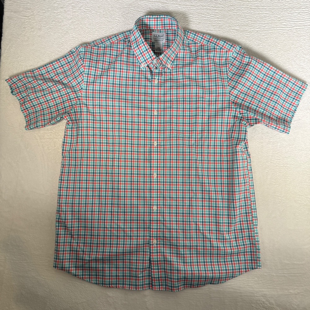 LL Bean Mens Traditional Fit Plaid Short Sleeve Button Down Shirt Teal Orange L